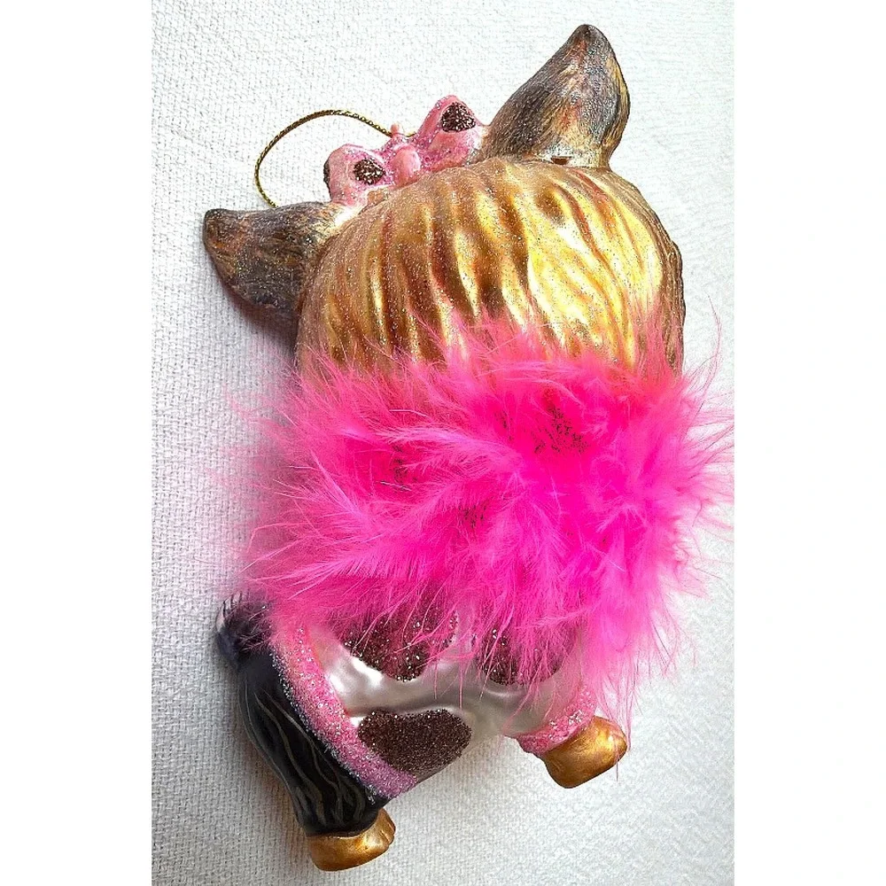 Blown Glass Yorkie Ornament Pink Diva Dog Girlie Holiday Bling